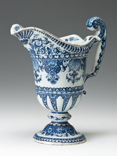 Figure 3: Ewer, Date: c. 1700, Culture: Rouen, France, Medium: Earthenware with tin glaze and enamel (grand feu faïence), Dimensions: 11 x 11 in. (27.94 x 27.94 cm).