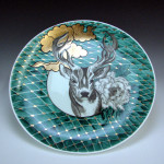 Plate with deer, flower, and clouds (2015) </br> Porcelain