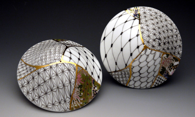 SaltPepper1_02small Salt & Pepper Shaker with historic pattern, gold luster, hand painted porcelain $125.00 USD