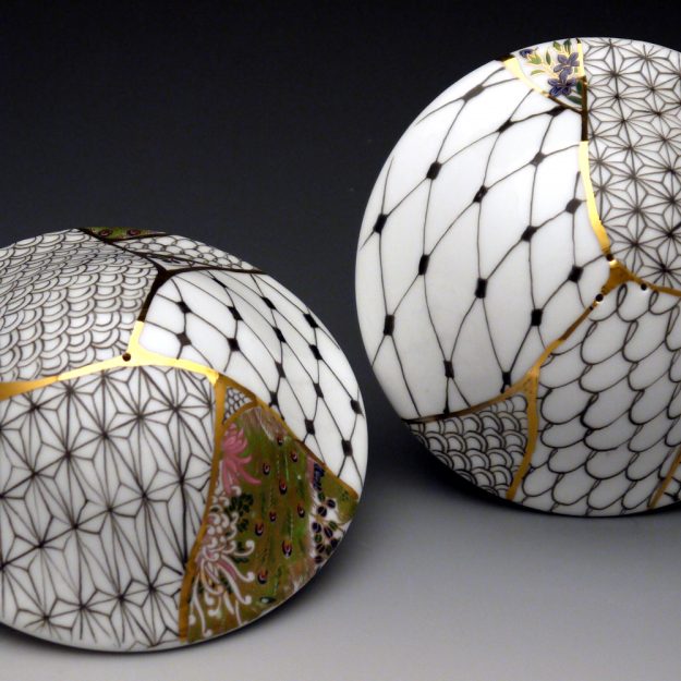 SaltPepper1_02small Salt & Pepper Shaker with historic pattern, gold luster, hand painted porcelain $125.00 USD