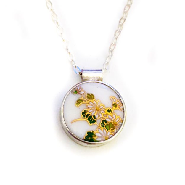 MES8-Porcelain-Necklace-Japanese-Vintage-05 Ceramic artist and china painter Melanie Sherman creates beautiful sterling silver jewelry pieces with porcelain stones. Decorated with vintage decals from Europe and Japan, these one-of-kind pieces tell the story of historic porcelain wares, used as dinnerware in 18th century Europe.