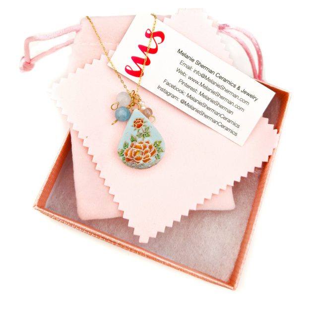 Necklace-charm-baby-blue-pearl-glass-beads-porcelain-vintage-japanese-flower-arrangement-rose-gold-Melanie-Sherman-01-03-1