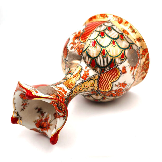 Just A Little Tipsy (#1) | 2024 | h 5.75″ x d 4″ | Porcelain, Glaze, Overglaze, 24k Gold Luster, Orange Luster, Platinum Transfers, Vintage Flower Decals Just A Little Tipsy (#1) | 2024 | h 5.75" x d 4" | Porcelain, Glaze, Overglaze, 24k Gold Luster, Orange Luster, Platinum Transfers, Vintage Flower Decals